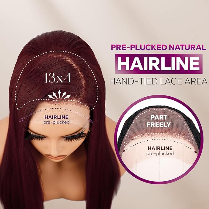 BLL Burgundy Wig, Synthetic Lace Front Ready to Wear Glueless Pre Plucked 13x4 Straight HD Lace 99j Wigs 26 Inch For Black Women Suitable For Everyday Wear