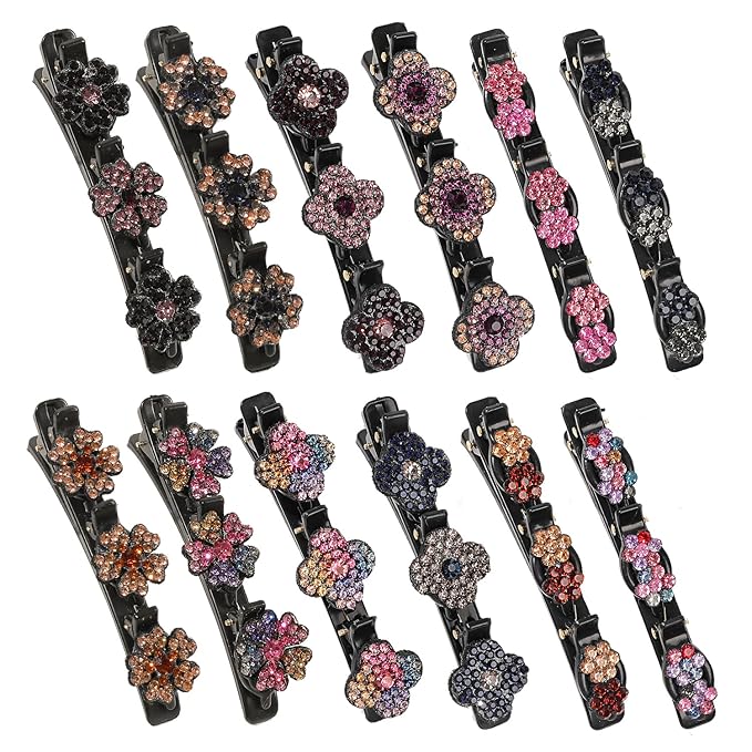 12PCS Sparkling Crystal Stone Braided Hair Clips, Braided Hair Clips for Women and Girls, Shiny Flower Rhinestone Hair Clip, Duckbill Hair Clip With Crystal Hair Accessories for Styling