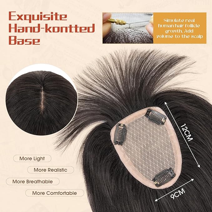 Rich Choices Human Hair Toppers for Women-100% Real Remy Hair Topper with 3D 360°Bang-Upgraded 150% Density 9 * 12CM Lace Base-Clip in Hairs topper for Thinning Hairs-10Inch #1B Natual Black
