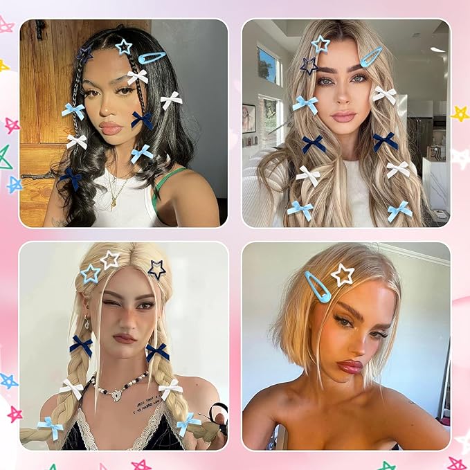 36Pcs Navy Blue Mini Bow Hair Clips Star Snap Hair Barrettes for Women White Water Drop No Slip Hair Clips Small Hair Bows Star Bowknot Hair Accessories for Teens Girls