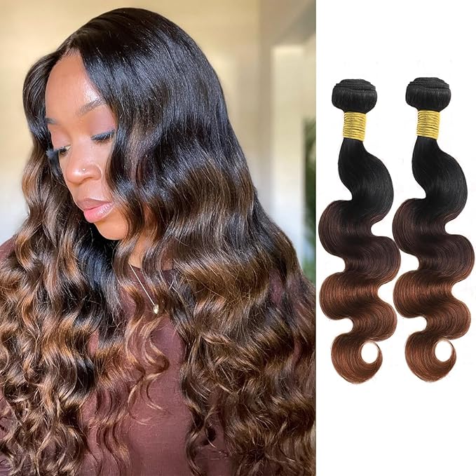 Body Wave Ombre Bundles Human Hair T1B/2/30 Chestnut Brown Ombre Color 2 Bundles of 12 Inch 100% Real Human Hair Unprocessed Raw Material For Quicky Weave
