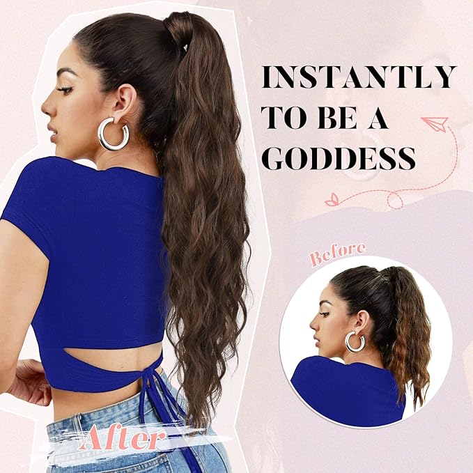 Flufymooz Ponytail Extension, Flexible Wrap Around Ponytail Extension Long Wavy Curly Ponytail Hair Extensions Natural pony tail Synthetic Hairpiece for Women 26 Inch (Chocolate Brown to Light Brown)