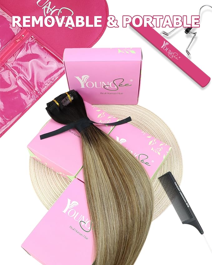 YoungSee 150g Clip in Human Hair Extensions Balayage Clip on Hair Extensions for Women Ombre Human Hair Extension Clip ins Dark Brown Roots to Medium Brown with Blonde Rmey Hair 20in 7pcs