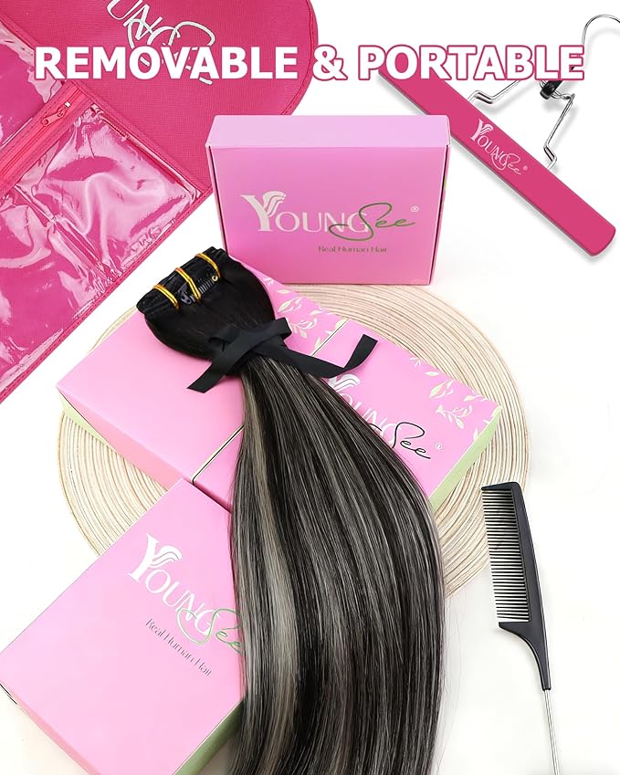 YoungSee 150G Clip in Human Hair Extensions Black Ombre Clip in Extensions Natural Black and Silver Balayage Clip in Hair Extensions Real Human Hair Easy to Wear 20Inch 7Pcs