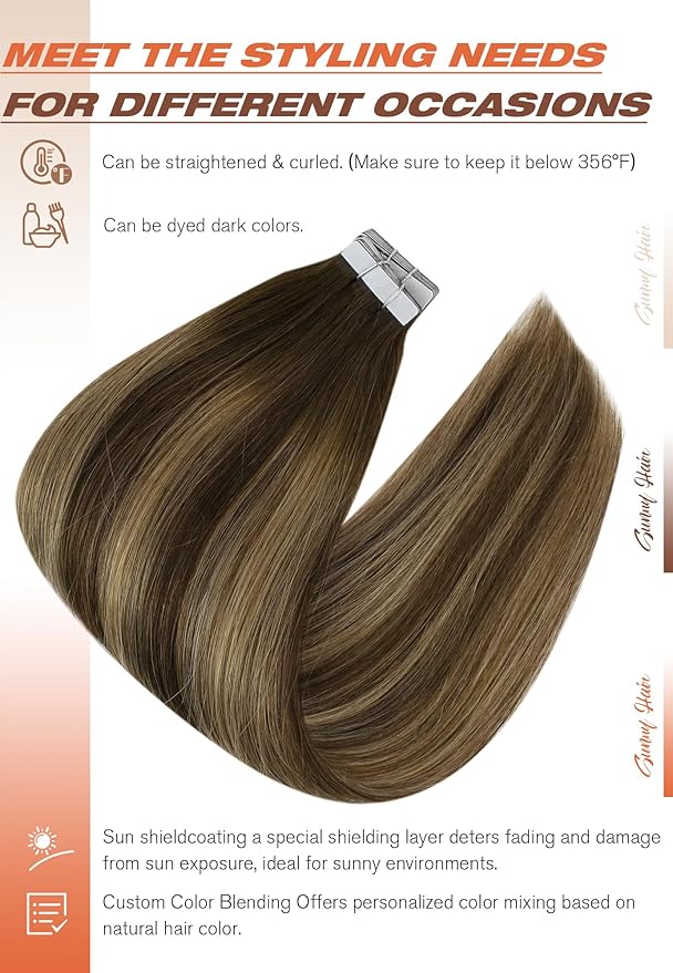 Sunny Hair Tape in Extensions for Women Real Hair 14 inch 100g Tape in Hair Extensions Human Hair Dark Brown Balayage Caramel Blonde Hair Extensions Tape in 40Pcs
