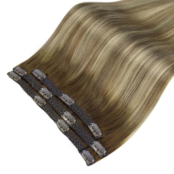 Full Shine Clip on Hair Extensions Human Hair 16 Inch Lace Clip in Extensions Real Human Hair Brown Ombre Ash Brown Mix Light Blonde Straight Remy Hair Extensions 3 Pcs 60 G