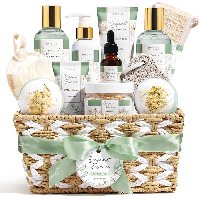 Christmas Birthday Gifts for Women, Bergamot Jasmine Relaxing Spa Gift Baskets for Women Self Care Package Bath Gift Set, Home Bath and Body Kit Pampering Gifts for Womens Mom Her Friends Sister Wife