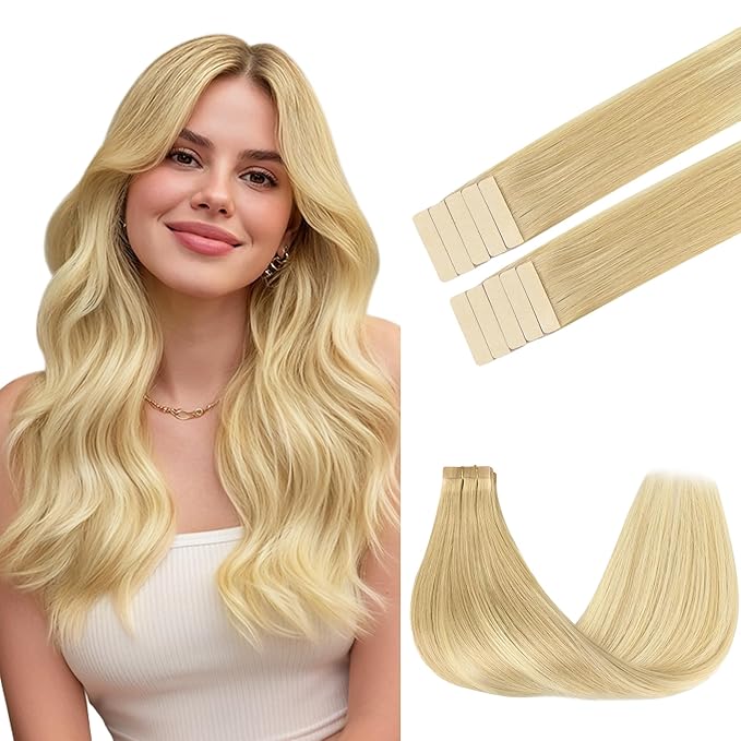 GOO GOO Tape in Hair Extensions Human Hair, 18AT60A Pearl Ash Blonde Highlights, 18inch 25g 10pcs, Skin Weft Seamless Invisible, Silky Straight with Thick Ends, Remy Human Hair