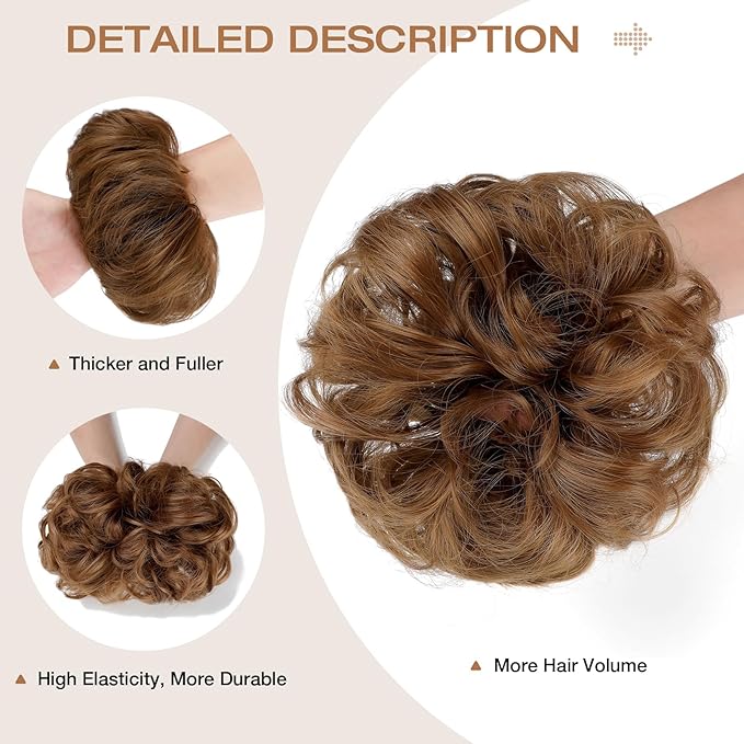 Messy Bun Hair Piece Wavy Curly Scrunchies Fluffy Donut Thick Updo Elegant Chignon Hairpieces for Women Girls, Light Auburn 1.4oz