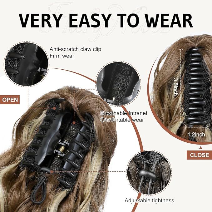 FLUFYMOOZ Ponytail Extension, 18 Inch Claw Clip Ponytail Extension, Wavy Curly Claw Clip in Ponytail Hair Extensions, Natural Fake Ponytail Synthetic Hairpiece for Women (Cool Brown with Blonde Highlights)