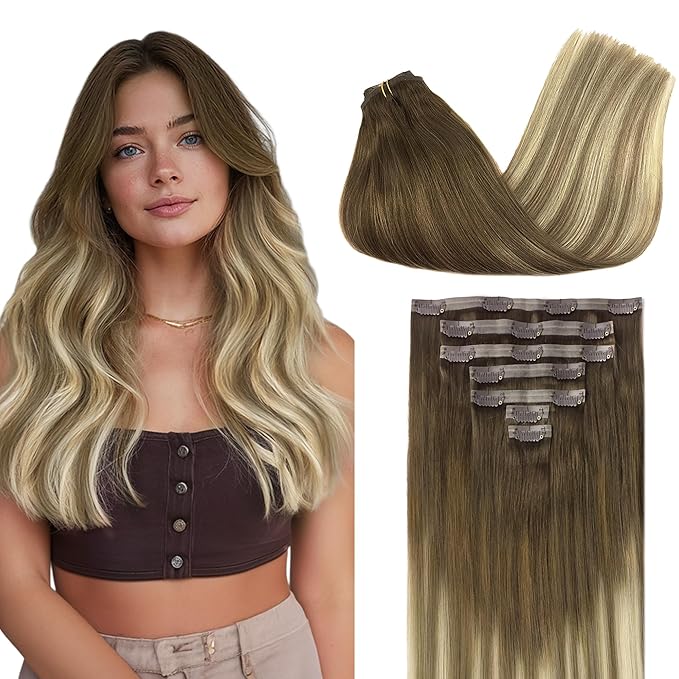 GOO GOO Clip in Hair Extensions Real Human Hair, Remy Human Hair Extensions Clip ins for Women, Natural Human Hair, 22inch 160g 7Pcs, #3/8/613 Balayage Walnut Brown to Ash Brown and Bleach Blonde
