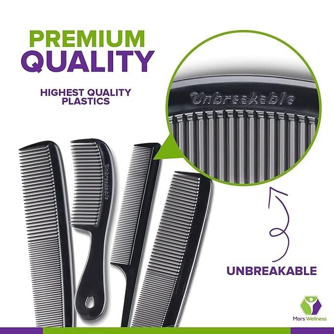 MARS Wellness 4 Piece Professional Comb Set Black BULK 20 Pack - USA MADE - Fine Pro Tail, Dresser Hair Comb Styling Comb - for Men Women - Parting Teasing and Styling