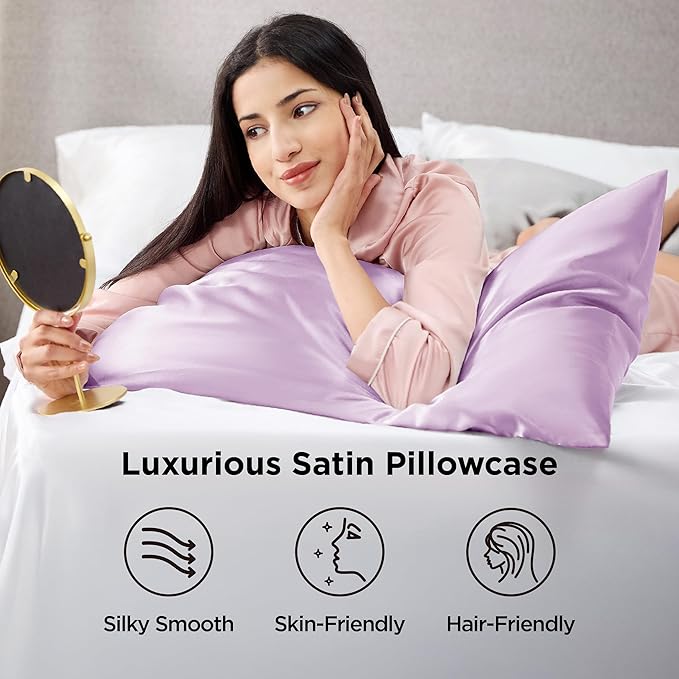 Bedsure Satin Pillowcases, Similar to Silk Pillow Cases Queen Size Set of 2, Pillow Case for Sleeping Women with Envelope Closure, Gifts for Women Men, Lavender, 20x30 Inches, 2pcs