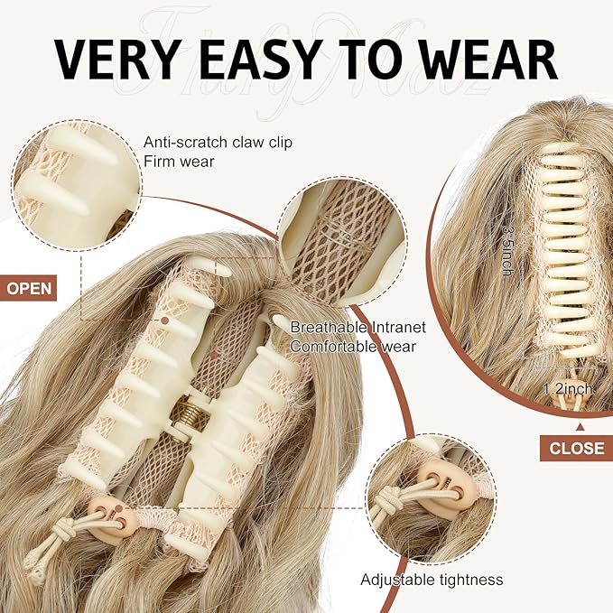 Flufymooz Ponytail Extension, 18Inch Claw Clip Ponytail Extension, Wavy Curly Claw Clip in Ponytail Hair Extensions, Natural Fake Ponytail Synthetic Hairpiece for Women (Golden Blonde with Highlight)