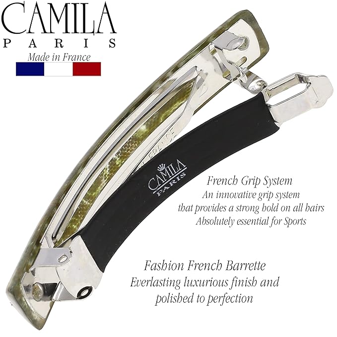 Camila Paris CP3447 French Hair Barrette Clip for Girls Green Flower, Rubberized Metal Clasp Strong Hold Grip Hair Clips for Women, No Slip Durable and Styling Girls Hair Accessories, Made in France