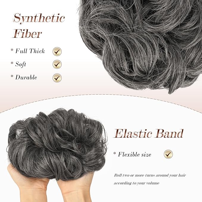 FESHFEN Messy Bun Hair Piece - Elastic Wavy Curly Hair Bun Scrunchies Extensions Synthetic Chignon Hairpieces for Women Girls, Dark Salt and Pepper 1.5 oz