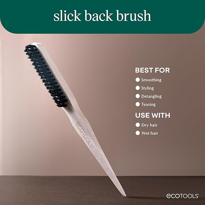 EcoTools Slick Back Hairbrush, Small Brush For The Perfect Ponytail Or Bun, Tease, Smooth, & Style Hair, Tame Frizz & Flyaways, Renewable Bamboo Handle & Vegan Boar Bristles, Cruelty-Free, 1 Count