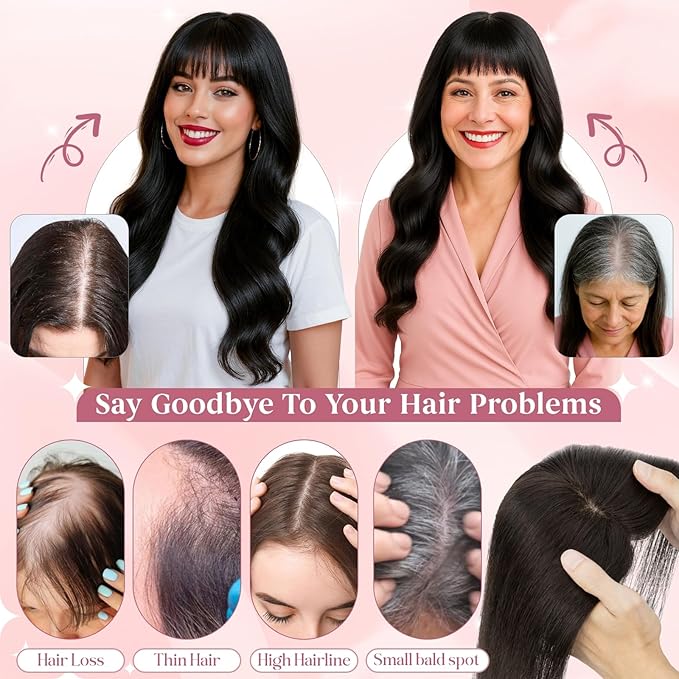 Real Human Hair Toppers for Women 3.54"*4.72" Silky Base 150% Density With Bangs Adjustable Parting Clip-In Topper Hairpieces for Women with Thinning Hair 14 Inches Medium Brown