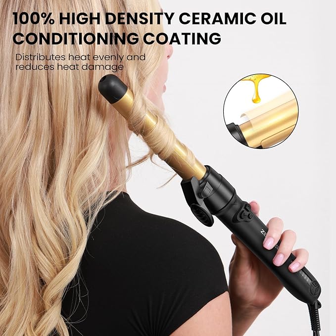 Rotating Curling Iron 3 in 1 Set, Automatic Curling Wand with 3 Interchangeable Ceramic Barrels(0.75" - 1.25"), Instant Heating Hair Culer with 5 Adjustable Temp, Include Heat Resistant Glove & Clips