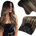 Moresoo Clip in Human Hair Extensions Balayage Straight Double Weft Human Hair Clip in Extensions Ombre Off Black Fading to Brown Mixed Dark Golden Blonde 7pcs/150g 20inch