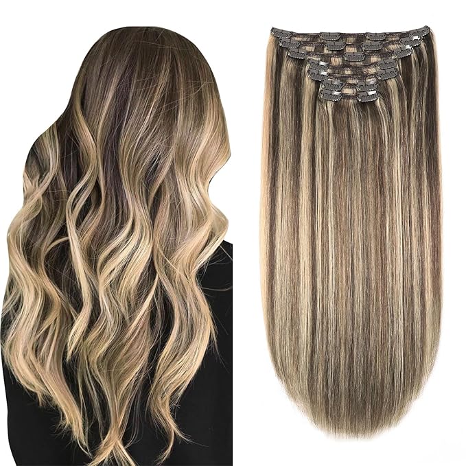 XDhair Clip in Hair Extensions Human Hair 160g 20 Inch 7pcs Chocolate Brown Mixed Caramel Blond Clip in Hair Extensions Real Human Hair for Full Head #4p27/20 inch