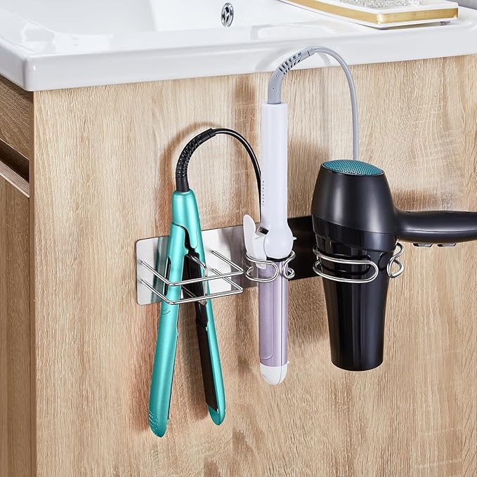 Blow Dryer Holder Wall Mounted Curling Iron Holder, 3 in 1 Hair Tool Organizer for Straightener, Curling Iron, Hair Dryer Holder Adhesive Flat Irons Storage for Bathroom Barber Shop (Silver)