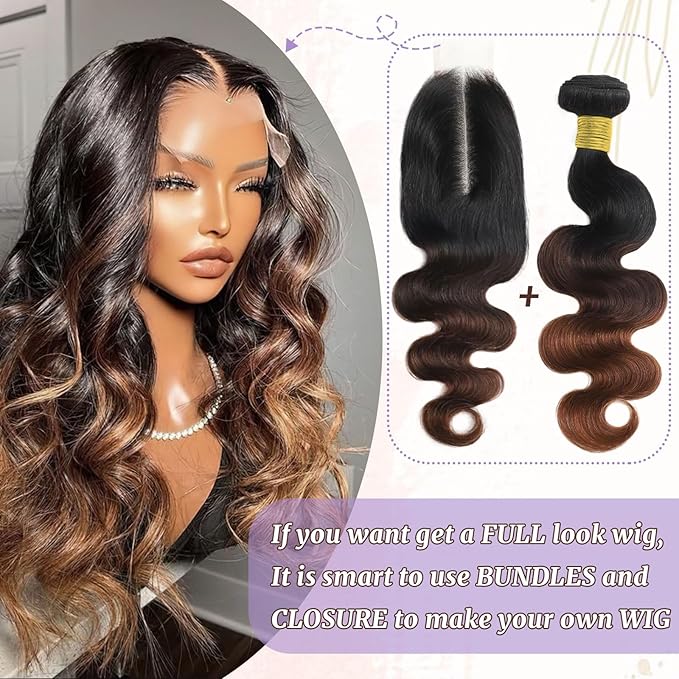 2x6 HD Lace Closure Body Wave Human Hair T1B/2/30 Chestnut Brown Ombre Transparent Lace Closure 2x6 Long Middle Part 100% Raw Virgin Human Hair 18 Inch 150% Density