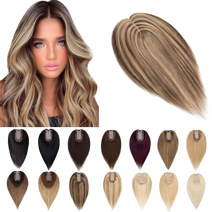 SEGO Human Hair Toppers for Women With Thinning Hair, 7 * 13CM Silk Base 100% Real Human Hair Clip in Top Wiglet Hairpieces -10 Inch No Bangs 4P27 Medium Brown&Dark Blonde