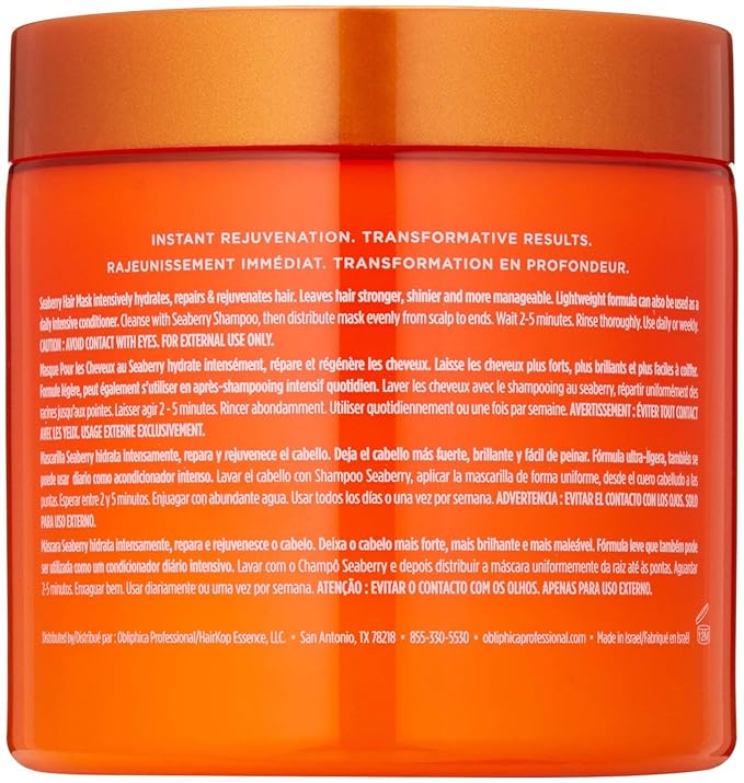 Obliphica Seaberry Hair Mask - Deep Conditioning Hydrating Treatment for Dry and Damaged Hair - Fine, Frizzy, and Color-Treated Hair - 1.05 Pound (Pack of 1)