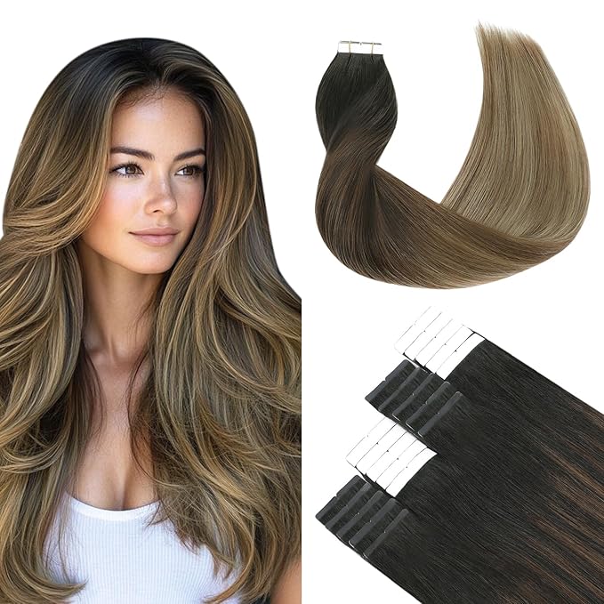 SURNEL Tape in Hair Extensions Human Hair 14 inch Natural Black to Chocolate Brown and Caramel Blonde Tape in Hair Extensions(#1B/4/27-14)