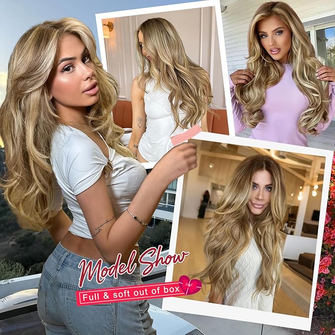 ALXNAN Long Wavy Hair Extensions for Women, Clip in Hair Extensions Clip Ins Soft Full Head Synthetic Hairpieces 20 Inch Light Brown Mixed Ash Blonde