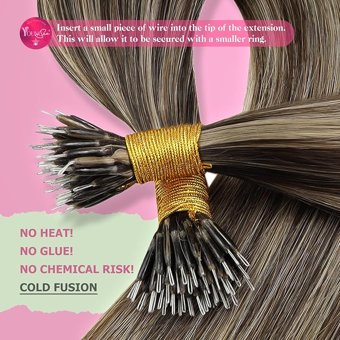 YoungSee Nano Beads Hair Extensions Human Hair 24in Brown Highlight Nano Ring Hair Extensions Real Human Hair Brown Highlight Caramel Blonde Nano Extension for Long Hair Silky Straight 50s 50g