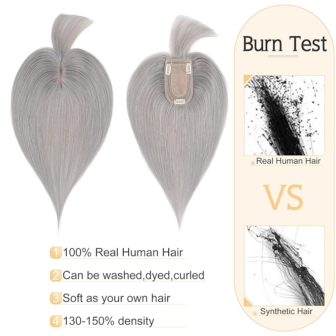 SEGO Grey Hair Toppers for Women Real Human Hair With Bangs, 7 * 13 CM Silk Base Clip In Topper Wiglet, Top Pieces Add Volume -6 Inch G1 Silver Grey