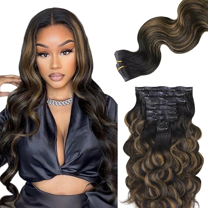 Lashey Seamless Clip in Hair Extensions Human Hair 150g 9pcs 22 Inch Body Wave Natural Black Mixed Chestnut Brown Clip in Hair Extensions for Women