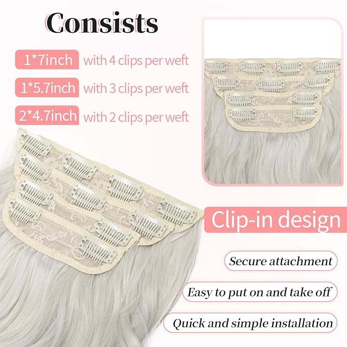 KooKaStyle Clip in Synthetic Hair Extensions Long Wavy 4PCS Thick Hairpieces Silver Grey Blonde Fiber Double Weft Natural Hair Extensions 20 Inch for Women