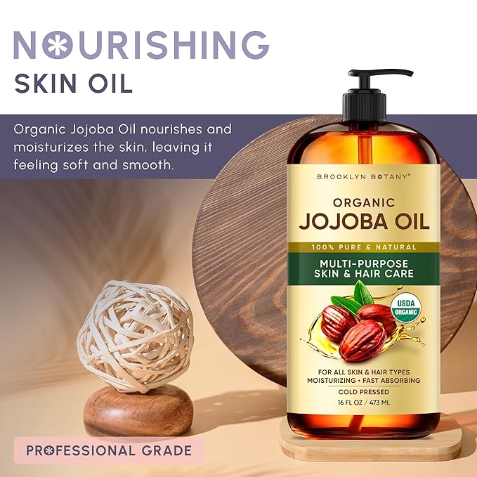 Brooklyn Botany Cold-Pressed Organic Jojoba Oil | for Skin, Hair and Face | 16 Fl Oz | 100% Pure and Natural | Carrier Oil for Essential Oils, Aromatherapy and Massage | Hexane Free