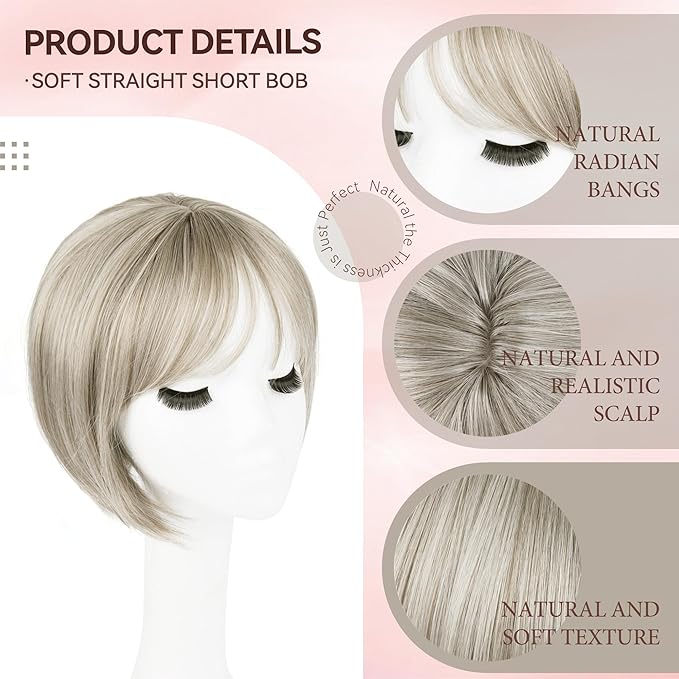 LEEONS Hair Topper for Women - Short Bob with Bangs & Side Part - Synthetic Wig Topper for Thinning Hair - Short Straight Bob - Ivory Blonde