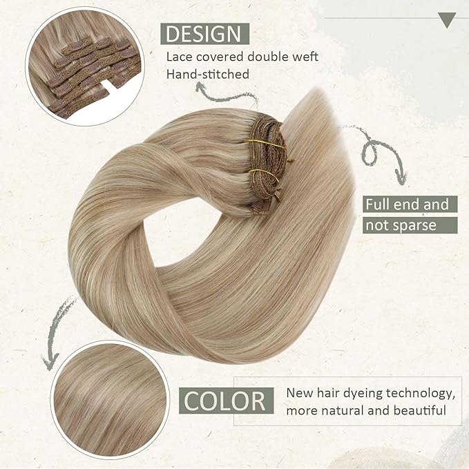 Ve Sunny Real Hair Clip in Extensions Blonde Highlight Warm Color Hair Extensions for Women Remy Clip in Human Hair Extensions Straight 7pcs 14 inch 100g