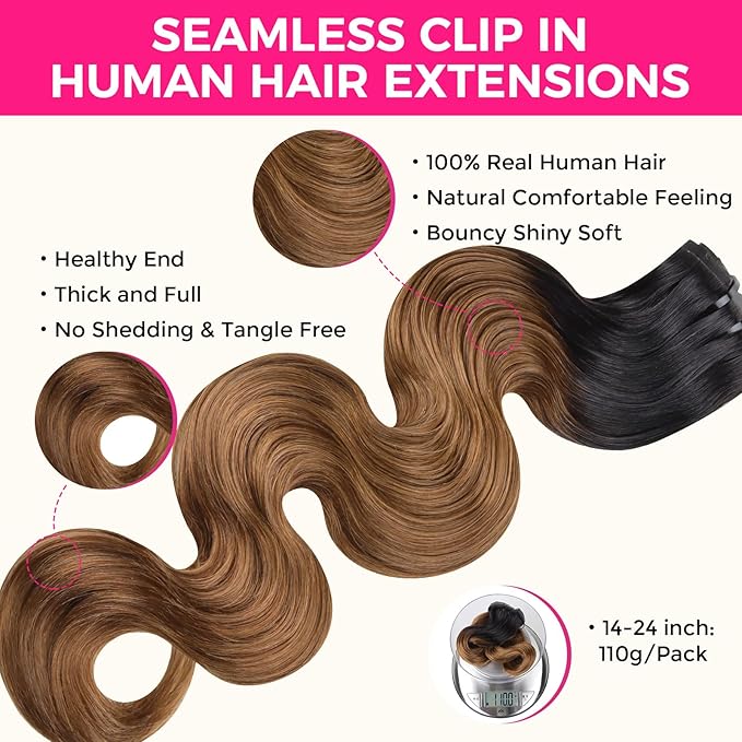 Lashey Seamless Clip in Hair Extensions Human Hair 110g 7pcs Body Wave Ombre Natural Black to Medium Auburn Real Human Hair Hair Extensions 24 Inch