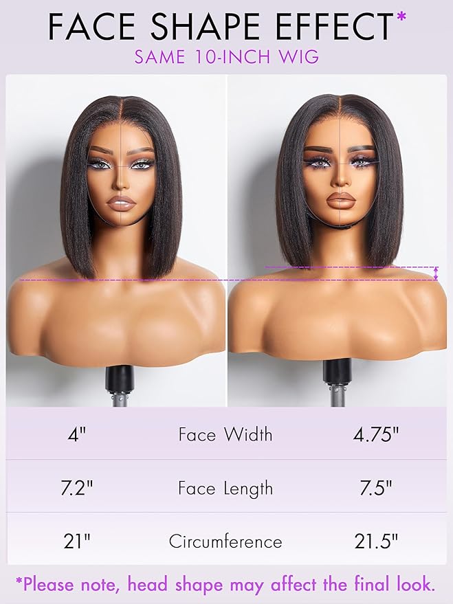 LUVME HAIR 10" Light Yaki Glueless Bob Wigs Human Hair Pre Plucked, 5x5 HD Lace Closure Wigs Human Hair 180 Density, Ready to Go Wig with Bleached Knots & Pre Cut Lace