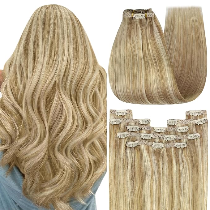 YoungSee Blonde Clip in Hair Extensions Highlighs Honey Blonde Human Hair Clip in Extensions Strawberry Blond Highlights Real Human Hair Extensions Clip ins 22inch 120g