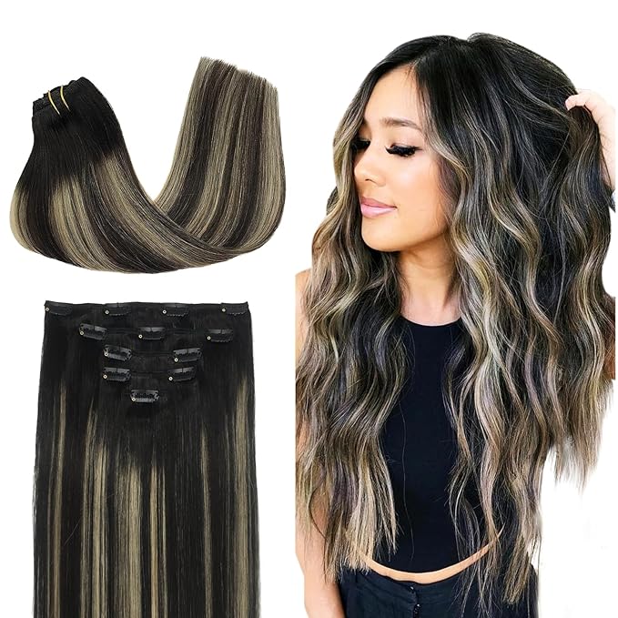 DOORES Human Hair Extensions Clip in, 85g 5pcs 22 Inch Natural Black to Light Blonde Balayage Clip in Hair Extensions Natural Hair Straight