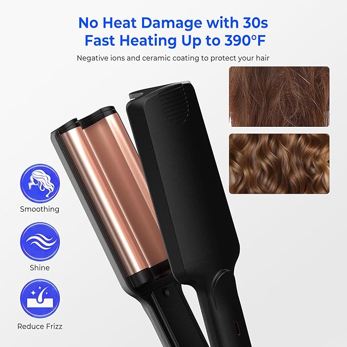Crimper Hair Tool, Mini Hair Crimper for Women Heating up 390°F, Waver Curling Iron with Negative Ions, Double Voltage Crimping Iron for All Style (9.5 Inch/1.5 Inch)