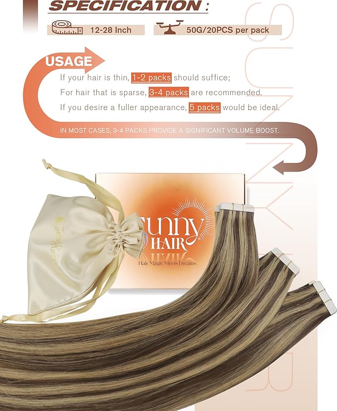 Sunny Hair Tape in Hair Extensions Real Human Hair Invisible Remy Hair Extensions Tape ins for Women Dark Brown Highlight Caramel Blonde 12 inch 20Pcs