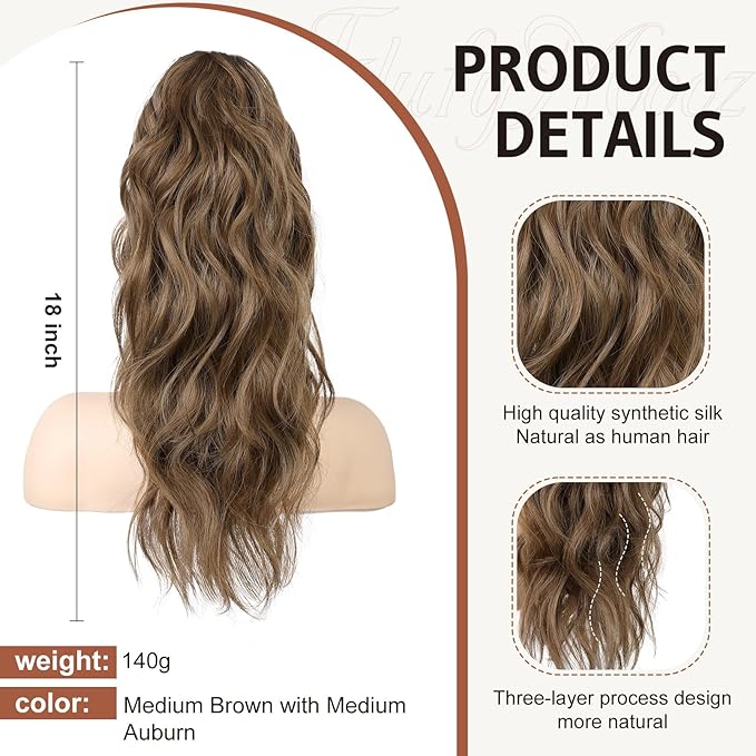 FLUFYMOOZ Ponytail Extension, 18 Inch Claw Clip Ponytail Extension, Wavy Curly Claw Clip in Ponytail Hair Extensions, Fake Ponytail Synthetic Hairpiece(Medium Brown with Medium Auburn)