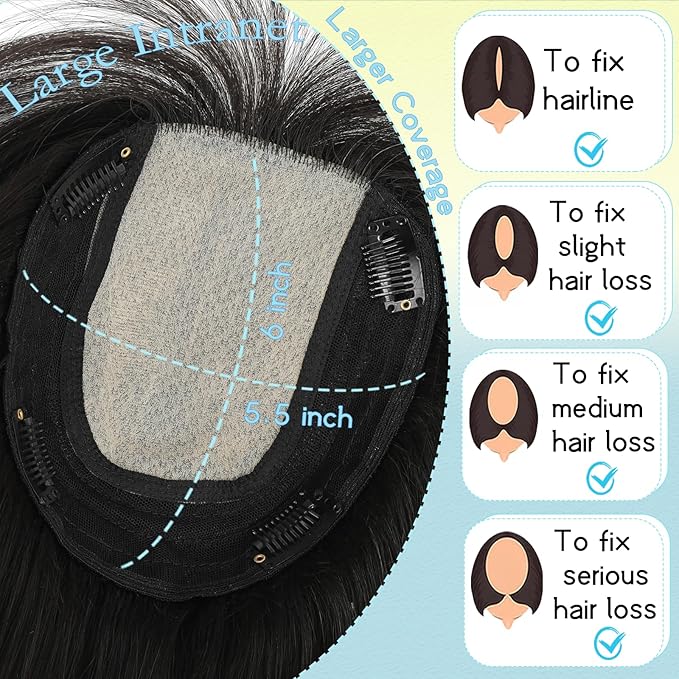 Hair Toppers for Women Real Human Hair, 360° 3D Toppers Pieces for Women with Thinning Crown Wispy Bangs 12 Inch Upgrade Big Basement Black, 12 Inch Wispy Bangs