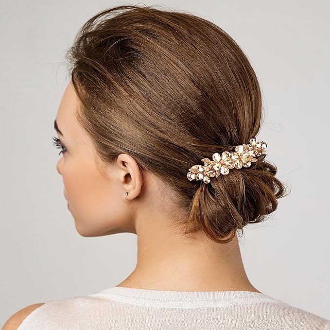 Joez Wonderful Rhinestone Hair Clips, Bridal Hair Accessories for Women, Sparkly Crystal Hair Pins, Fancy Hair Barrettes for Wedding, Bride, Long Hair (Champagne Flower, 1 Pcs)