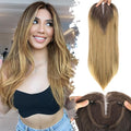 Brown to Blonde Synthetic Hair Toppers for Women with Thinning 3D 360° Cover Clip in Wispy Bangs Upgraded Adjustable Bandage 24 Inch Long Layered