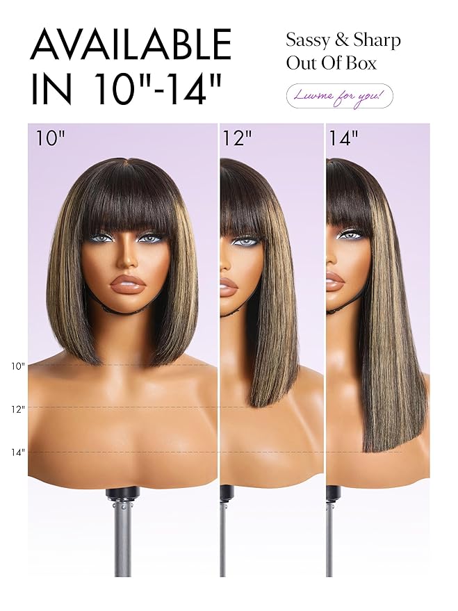 LUVME HAIR 10 Inch Silky Straight Bob Wig with Bangs Human Hair Realistic HD Lace Short Black Bob Wigs, Ready to Go Blunt Cut Bob Wig Glueless 180 Density