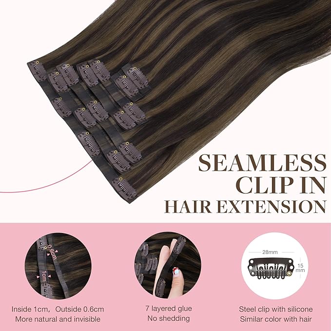 GOO GOO Clip in Hair Extensions Real Human Hair, Remy Human Hair Extensions Clip ins for Women, Natural Human Hair, 12inch 85g 7 Pcs, #2/6 Dark Brown Highlighted Chestnut Brown